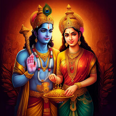 Fototapeta premium Lord Krishna and Radha in vibrant attire, symbolizing eternal love and devotion in Hindu mythology
