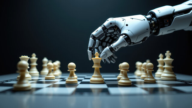 Robot hand interacting with chess pieces on a board against a dark background.
