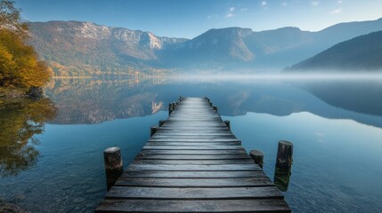 Fototapeta premium Serene Mountain Lake with Wooden Dock