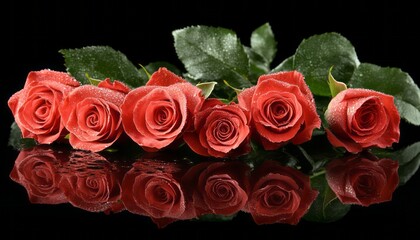 Obraz premium Fresh red roses with droplets reflecting on a dark surface in a serene arrangement