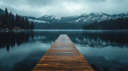 Wooden Dock Leading to Mountain Lake