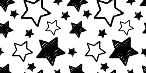 Seamless pattern with hand drawn star sparkle shine. Charcoal pen drawn star shine glow, spark glitter, sparkle light. Modern print for textile, fabric, wallpaper, wrapping, scrapbook and packaging