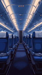 Fototapeta premium Airplane cabin, front view, blue seats with white turban pieces, dark blue carpet, bright and warm, flat illustration, flat colors. The overall tone of the picture is warm white.