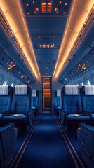 Fototapeta premium Airplane cabin, front view, blue seats with white turban pieces, dark blue carpet, bright and warm, flat illustration, flat colors. The overall tone of the picture is warm white.