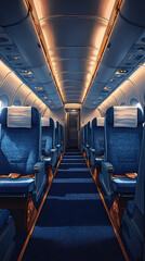 Fototapeta premium Airplane cabin, front view, blue seats with white turban pieces, dark blue carpet, bright and warm, flat illustration, flat colors. The overall tone of the picture is warm white.