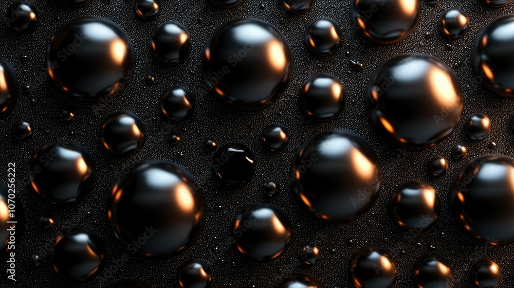 Poster abstract background with shiny metallic spheres on a dark surface.