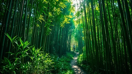Obraz premium Sunlight filtering through a dense bamboo grove creates a path leading into the heart of the forest.