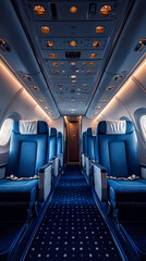 Fototapeta premium Airplane cabin, front view, blue seats with white turban pieces, dark blue carpet, bright and warm, flat illustration, flat colors. The overall tone of the picture is warm white.