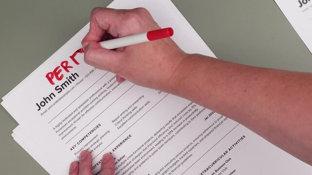 Fake mock CV (curriculum vitae) resume for John Smith, selected by HR as the perfect candidate for a job. Concept of job search, employee selection, recruitment process, work and hiring.