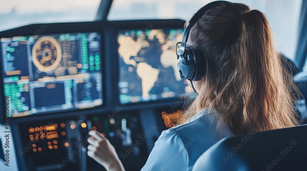 Poster focused female pilot monitoring navigation and system data on screens in a modern airplane cockpit.