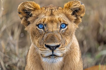 Close-up photo of a blue eyed lioness. With her captivating blue eyes, this lioness embodies the...