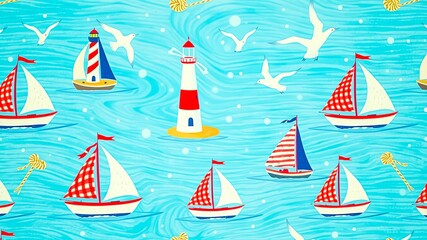 A Repeating Pattern of Nautical Charm Featuring Sailboats, a Lighthouse, and Seagulls on a Rippling Blue Background