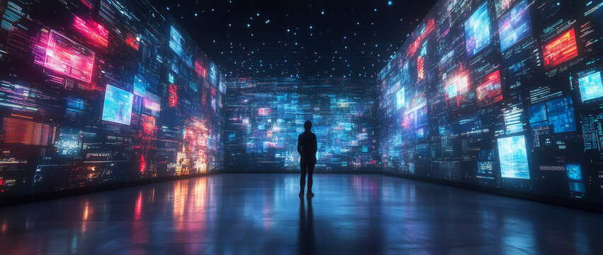 A silhouette stands before a vast, illuminated digital display of vibrant graphics and data visualizations, highlighting innovation and technology in a captivating, cyberpunk atmosphere.
