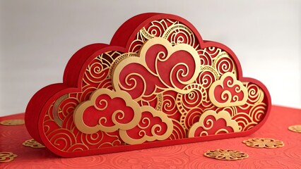 3D Chinese Paper Cut Cloud with Red and Gold Pattern,Traditional 3D Chinese Paper Cut Cloud Design with Red and Gold Colors