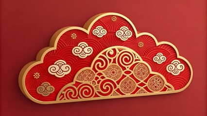 3D Chinese Paper Cut Cloud with Red and Gold Pattern,Traditional 3D Chinese Paper Cut Cloud Design with Red and Gold Colors
