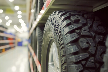 Car tires on store counter, tire sales, tire store banner