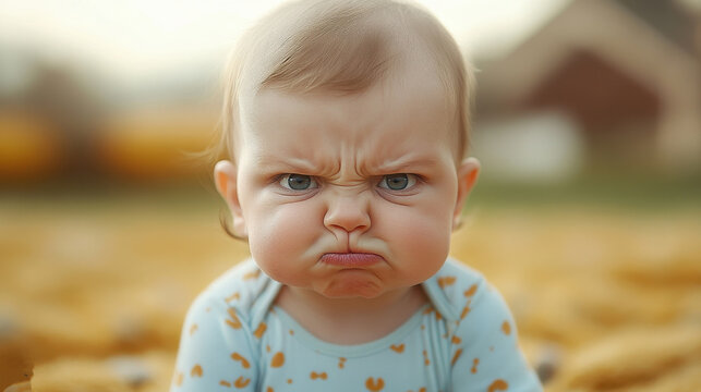 Cute baby with a serious expression sitting outdoors in a field, surrounded by nature in soft focus during the daytime, capturing a moment of deep contemplation