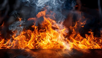 Fiery scene with flames and smoke rising from dark surfaces, a sense of heat and power.