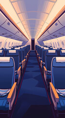 Naklejka premium Airplane cabin, front view, blue seats with white turban pieces, dark blue carpet, bright and warm, flat illustration, flat colors. The overall tone of the picture is warm white.