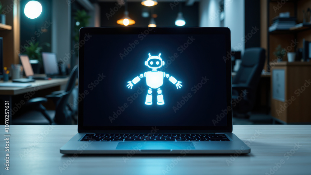 Poster laptop displaying a glowing robot silhouette with an office setting in the background.