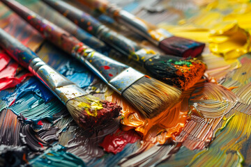 Fototapeta premium Generative AI image of talented artist passionately painting with vibrant colors on a large canvas in an art studio