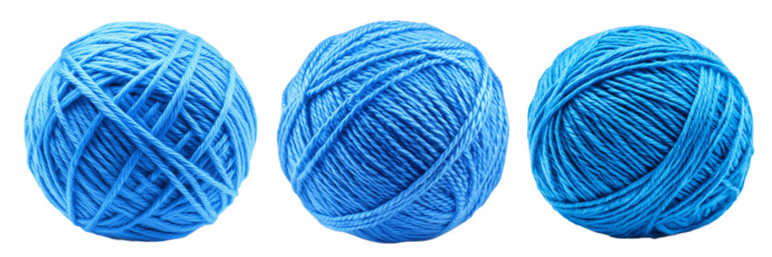 Set of blue balls of yarn isolated on the background. Yarn clipart on a transparent background. Generative AI.
