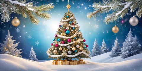 Christmas tree with decorations on a snowy background