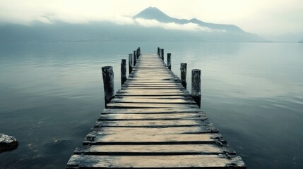 Naklejka premium Serene Lake with Wooden Pier and Mountain