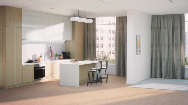 3D Interior Design Evolution as Cupboards Fill in the Kitches,  and the whole Empty Apartment With Stylish Furniture, Online Shopping for a Seamless Home Transformation.  Modern Decor Creation.