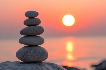 Stones standing on top of each other against the backdrop of a sunset on the seashore