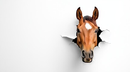  horse looking up in paper side torn hole isolated, high detail