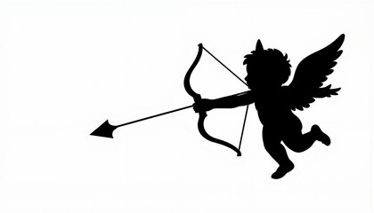 "Cupid silhouette aiming bow and arrow on white background"
