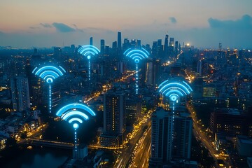 Modern city aerial view and communication network concept. Smart city. Wireless telecommunication