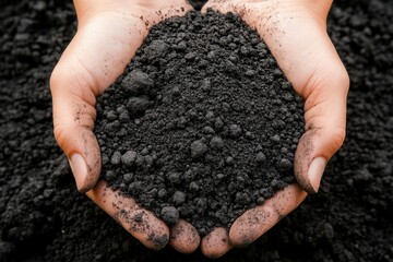 Two hands cradling dark, rich soil filled with organic matter under natural light, showcasing the texture and color of freshly collected earth from a garden or farm