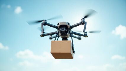 Drone carrying a package with a cloud-like background.