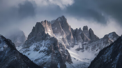 Majestic snow-capped mountains under a dramatic cloudy sky, showcasing rugged peaks and natural beauty, perfect for nature lovers and adventure enthusiasts.