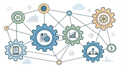 Business Workflow Automation Diagram with Gears and Network Lines,Diagram of Business Workflow Automation with Gears and Digital Network
