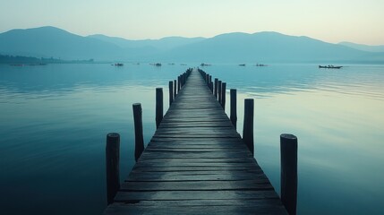 Obraz premium Serene Pier Extending into a Misty Lake