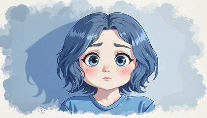 "Sad anime-style child with blue hair and big eyes on soft background"
