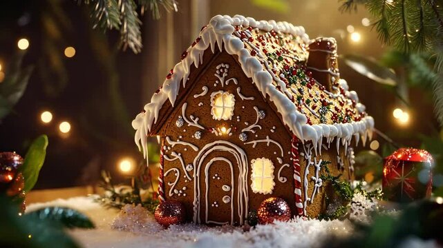 Festive gingerbread house with icing and holiday lights for christmas card design