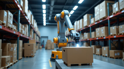 Robot packaging boxes in a warehouse setting.