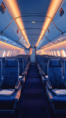 Airplane cabin, front view, blue seats with white turban pieces, dark blue carpet, bright and warm, flat illustration, flat colors. The overall tone of the picture is warm white.