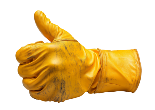 Thumbs Up Gesture with Worn Yellow Rubber Glove, Symbol of Hard Work, Cleaning, and Hygiene on Transparent Background
