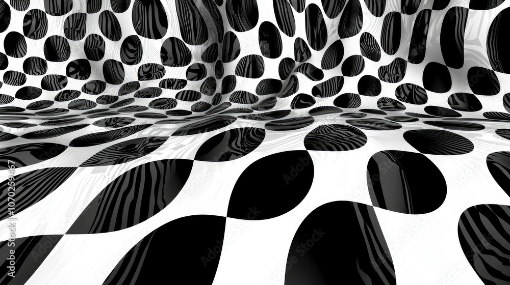 Poster abstract black and white pattern with wavy surface and circles.