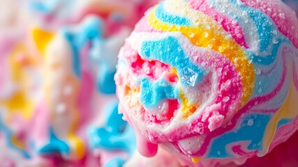Obraz premium A close-up of a colorful, swirled frozen dessert, with delicate ice crystals sparkling on its surface, melting slightly in the warmth
