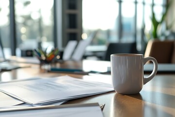 Coffee cup on desk with papers in bright office setting