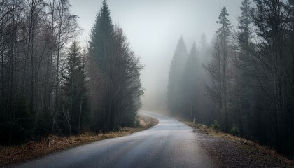 Long foggy mystery road in the dark woods