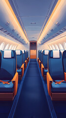 Fototapeta premium Airplane cabin, front view, blue seats with white turban pieces, dark blue carpet, bright and warm, flat illustration, flat colors. The overall tone of the picture is warm white.