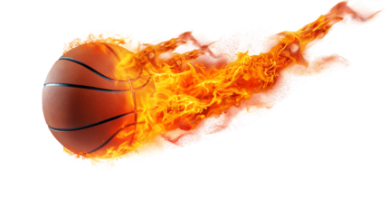 Burning basketball ball flying with flames isolated on white and transparent background, cut out png