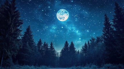 Naklejka premium Dreamy night sky with shimmering stars and a moonlit forest